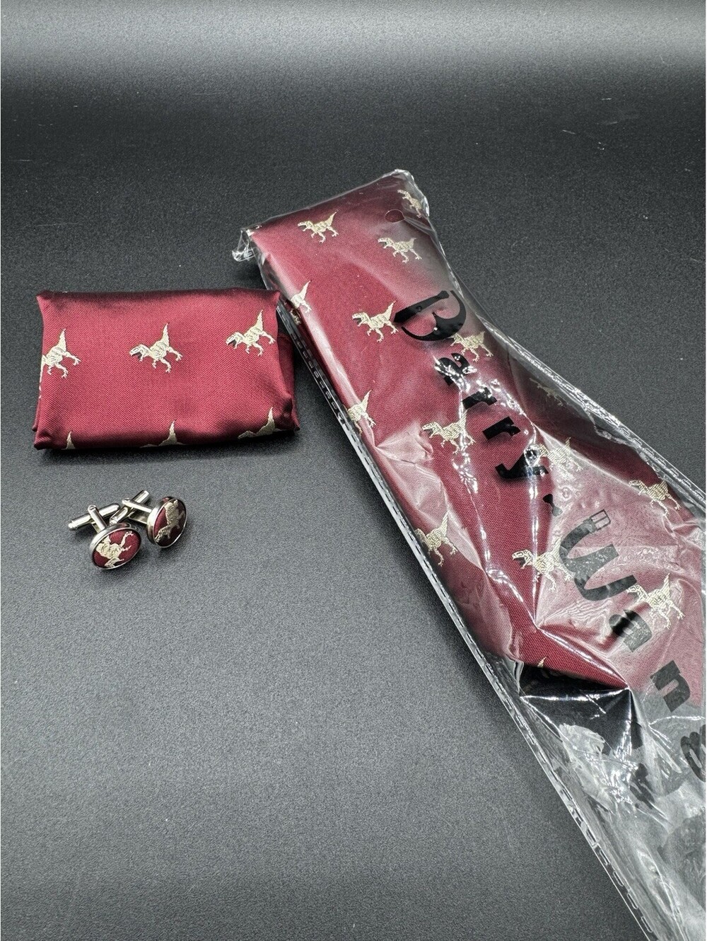 Barry Wang Dinosaur Silk Tie Set Burgundy Pocket Square Cufflinks NWT Gift